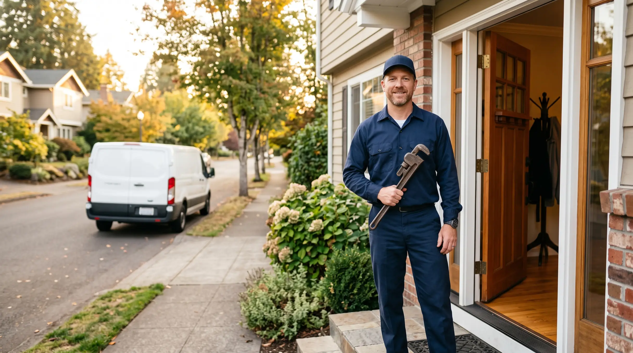 A plumber in work uniform standing at the front door of a house, holding a pipe wrench, a service van at the curb behind him.