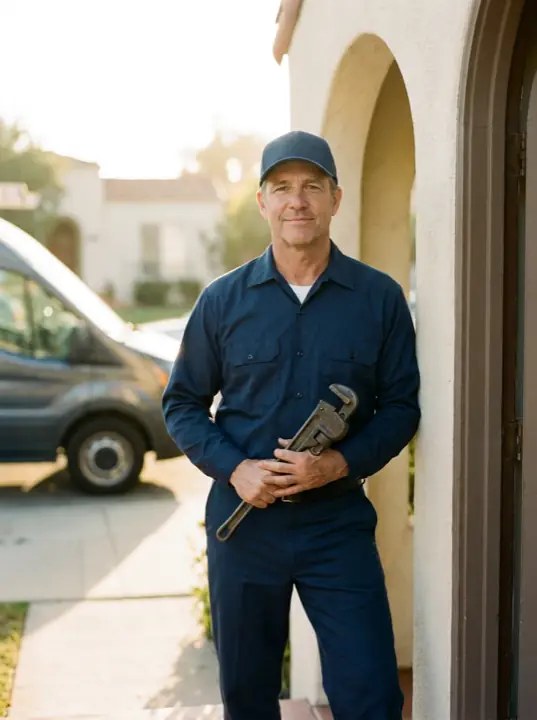 A plumber standing at the front door of a house holding a pipe wrench.